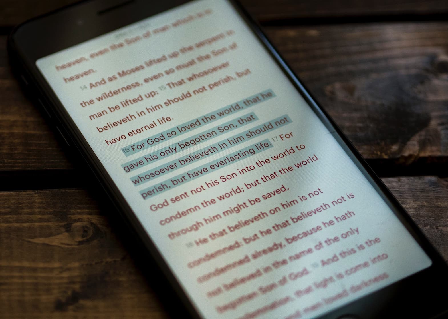 phone screen showing John 3:16 highlighted