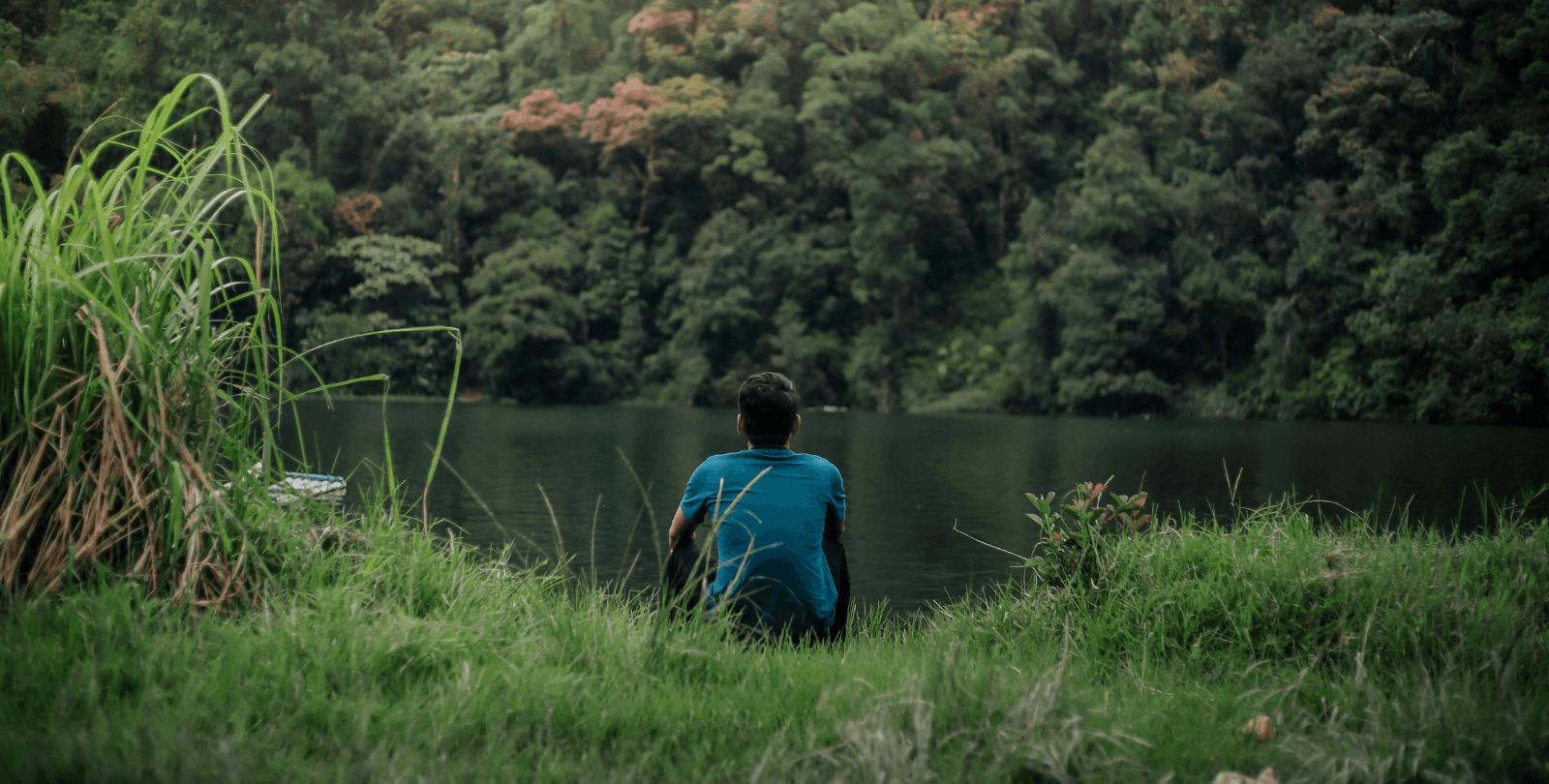 A young man sits in the grass of a riverbank, with his back to the camera.