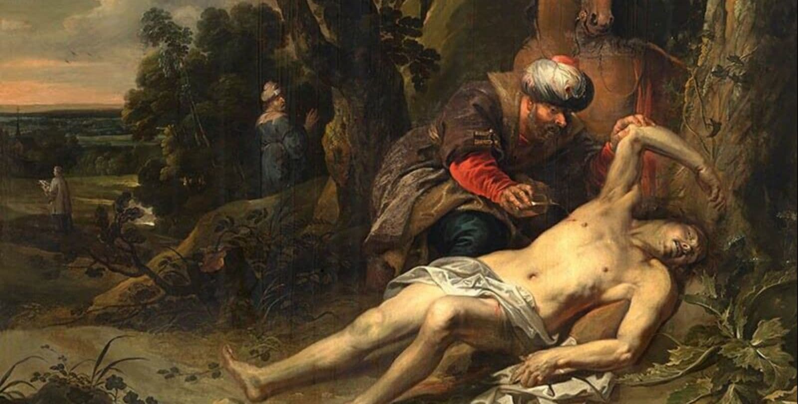 Painting depicting a man, dismounted from his horse, leaning over a beaten man on the side of the road.