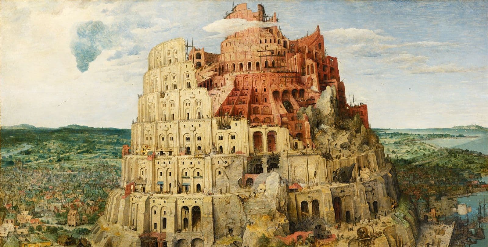 Painting of the Tower of Babel. The tower stretches into the clouds, getting more narrow as it rises.