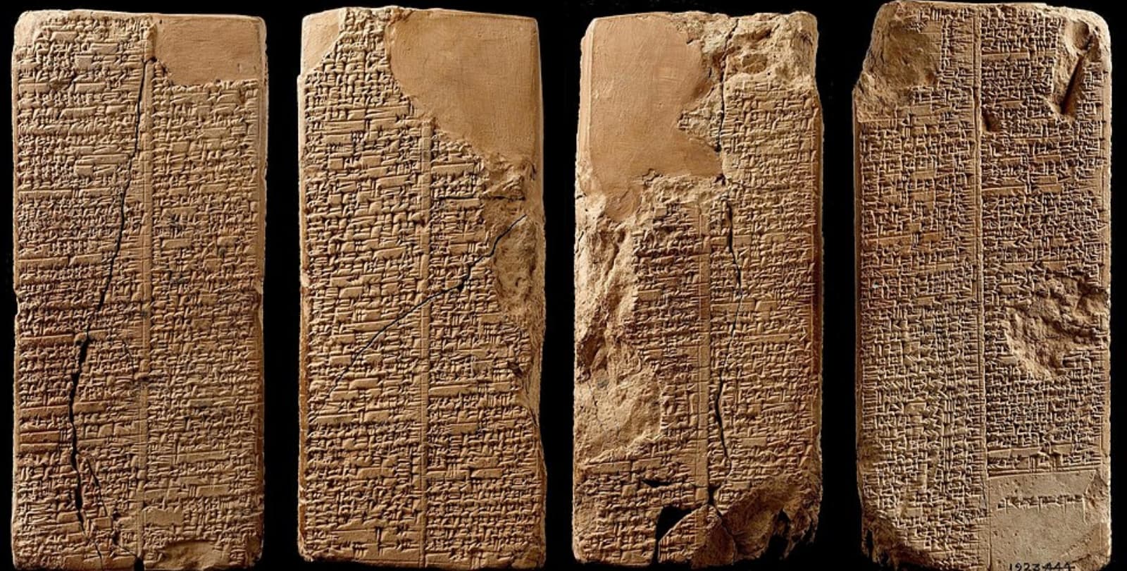 Photos from different angles of the Sumerian Kings List on a tablet.