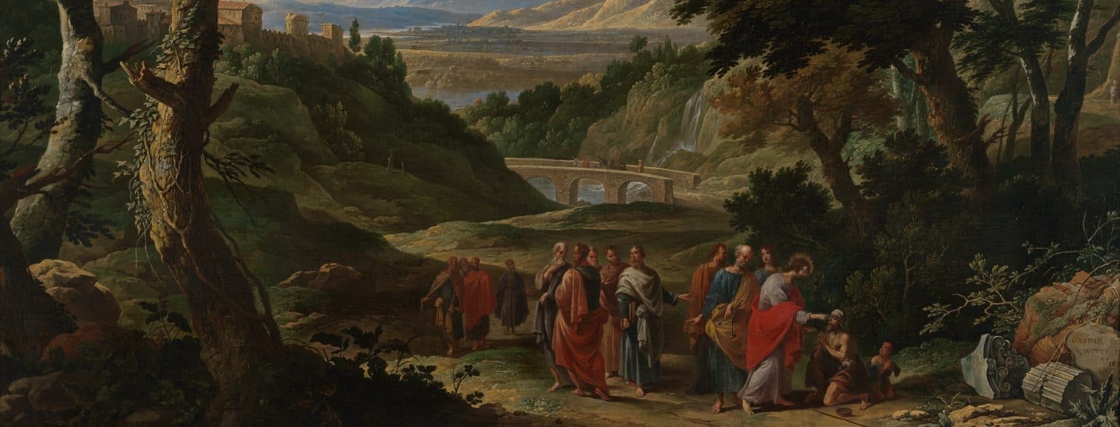 Painting by Gaspar de Witte titled "Christ heals the blind Bartimaeus near Jericho." Jesus bends to heal Bartimaeus, who is kneeling; the rest of his party look back at him.