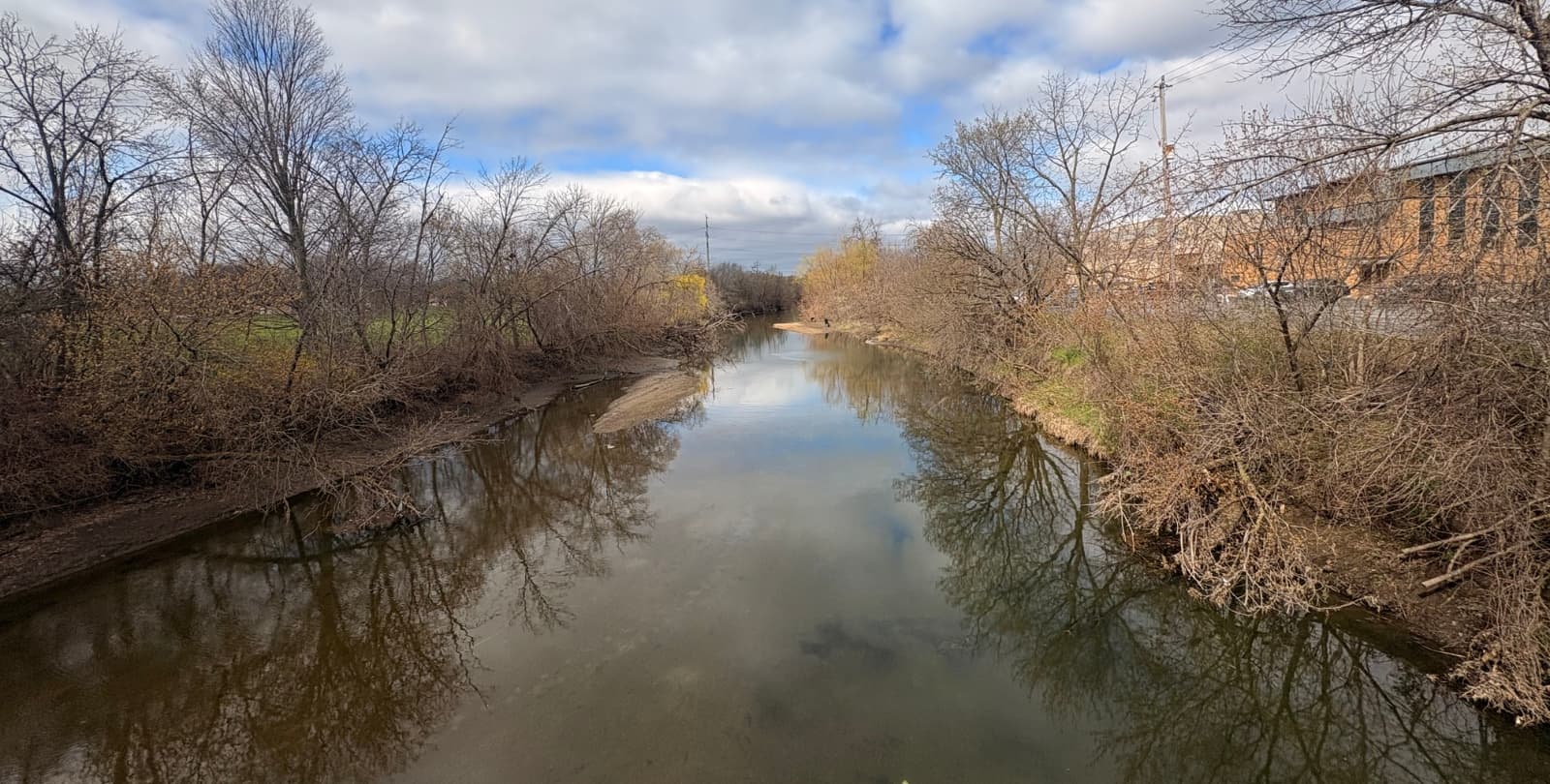 A wide, shallow portion of Lincoln Creek. The banks are crowded by trees, and Eastbrook Church is seen through them on the right side.