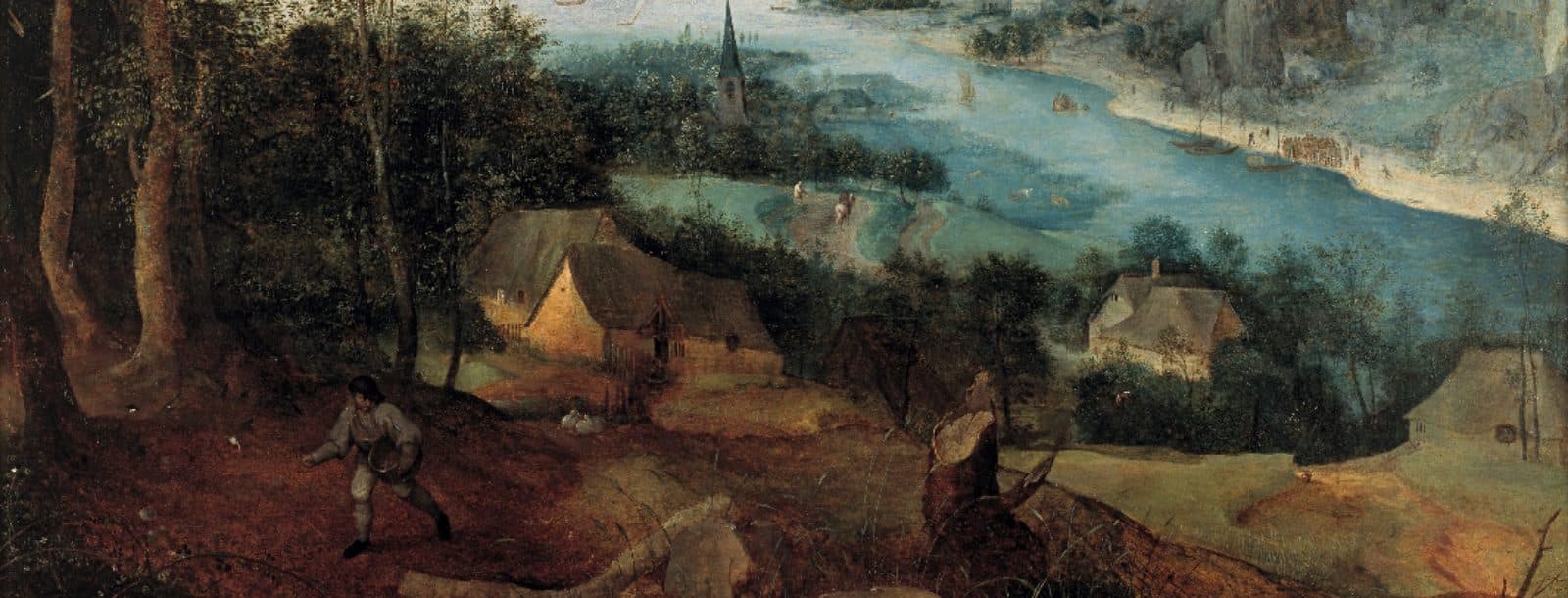 Painting depicting the Parable of the Sower. The sower spreads seeds in the left foreground; a church and village line the river in the background.