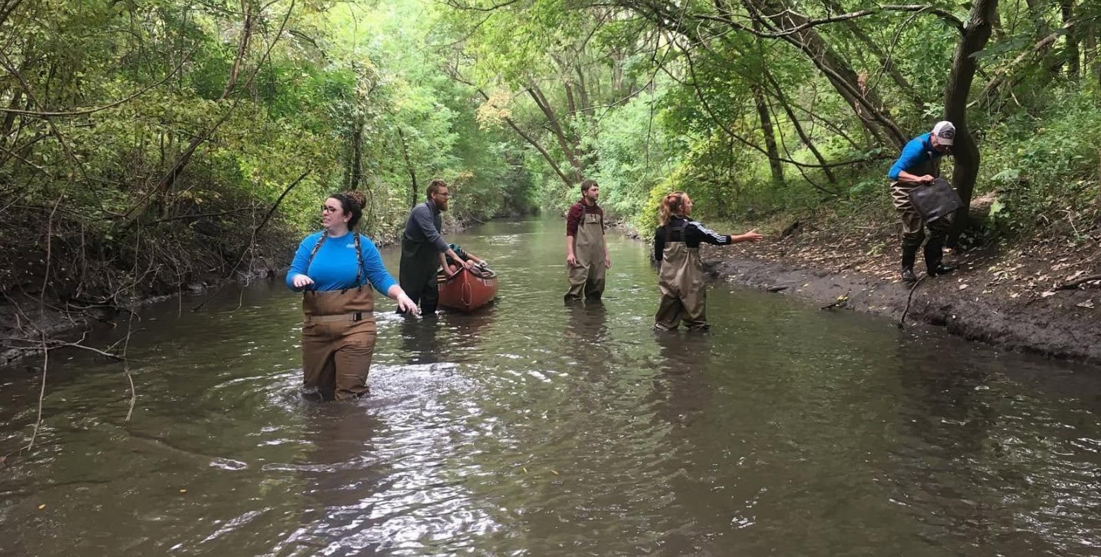 A group of congregants from The Refuge clean the stream on their church grounds.