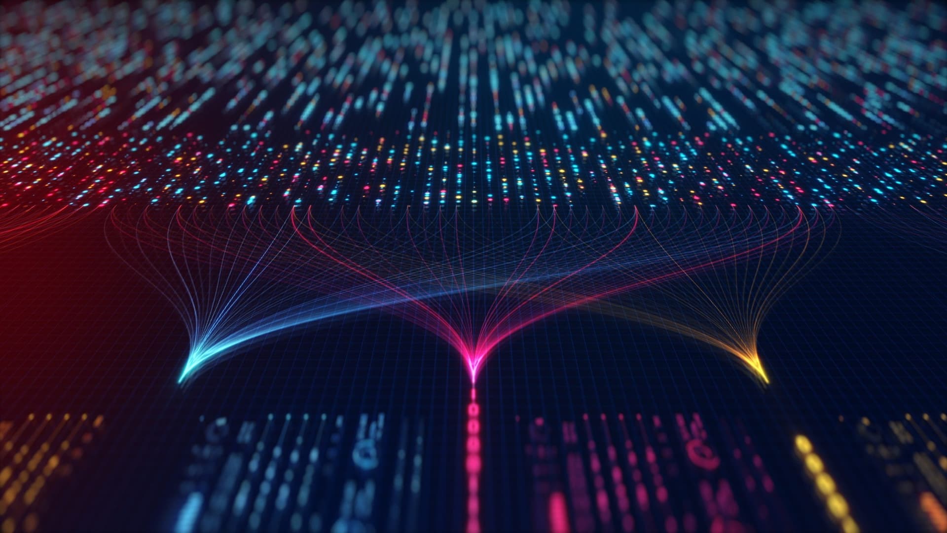 abstract image depicting neural network, blue pink and yellow lights on a black background