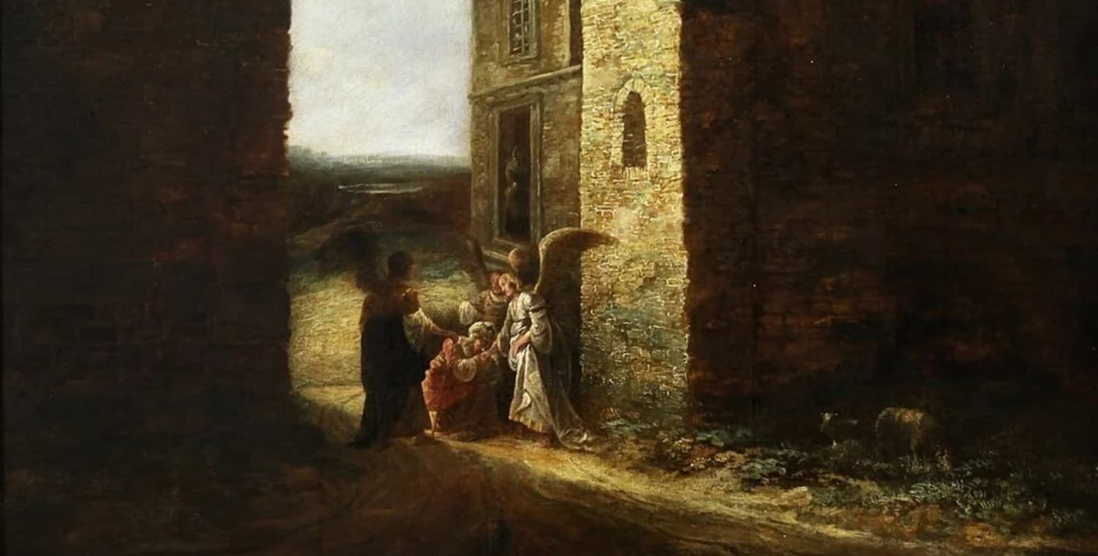 Painting of three winged strangers visiting Abraham.