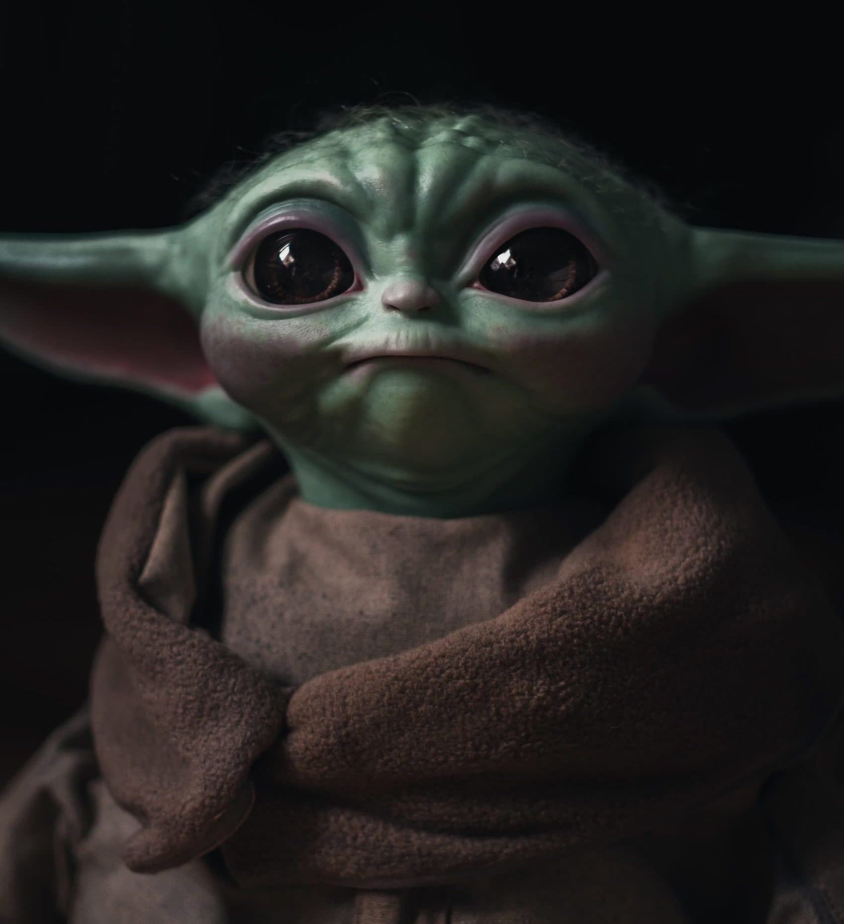 Posed digital photo of Grogu from the Mandalorian wearing a brown garment